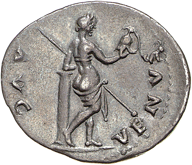 RIC II, Part 1 (second edition) Titus 387 Titus reverse, Venus, naked to waist, standing right, resting left elbow on colu...