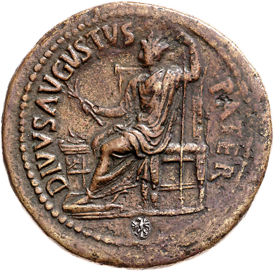 RIC II, Part 1 (second edition) Titus 399 Titus obverse, Divus Augustus, radiate, seated left on throne with back, feet on...