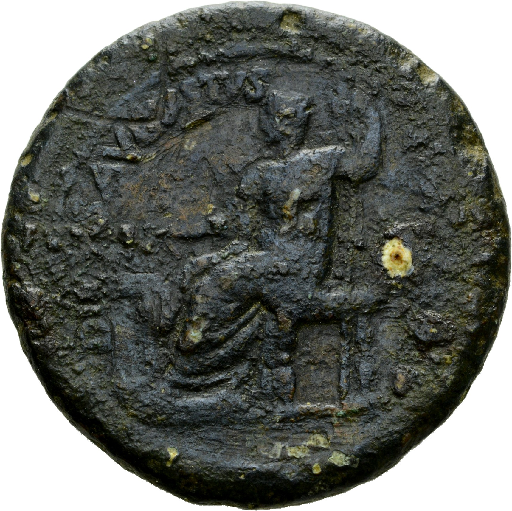 RIC II, Part 1 (second edition) Titus 401 Titus obverse, Divus Augustus, radiate, seated left on throne, feet on stool, ho...