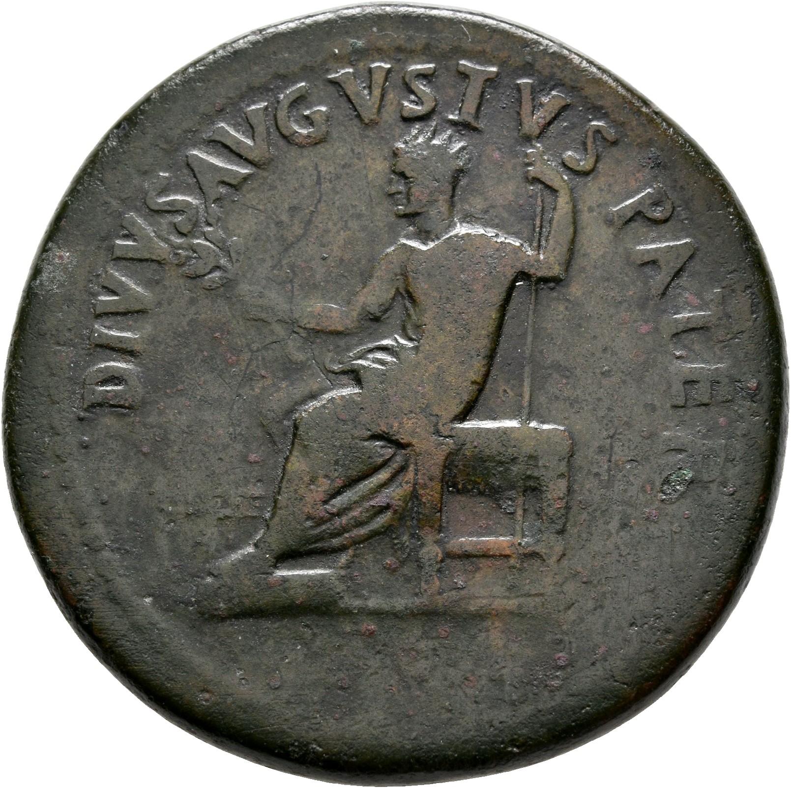 RIC II, Part 1 (second edition) Titus 401 Titus obverse, Divus Augustus, radiate, seated left on throne, feet on stool, ho...