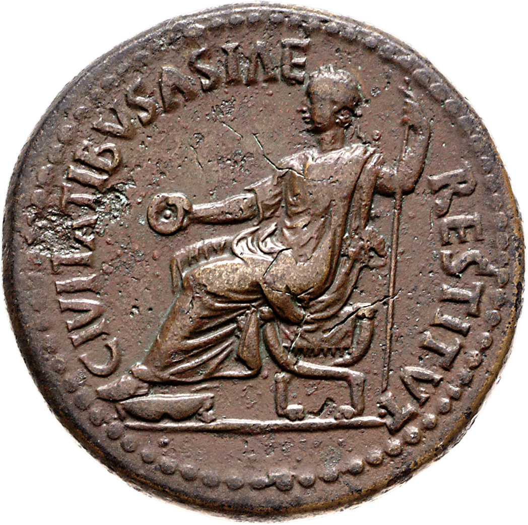 RIC II, Part 1 (second edition) Titus 410 Titus obverse, Tiberius seated left on curule chair, holding patera and sceptre
