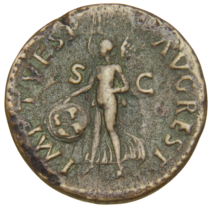 RIC II, Part 1 (second edition) Titus 446 Titus reverse, Victory, draped, advancing left, carrying in right hand shield in...