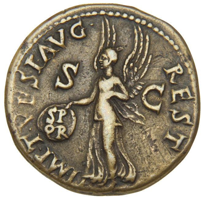 RIC II, Part 1 (second edition) Titus 448 Titus reverse, Victory, draped, advancing left, carrying in right hand shield in...