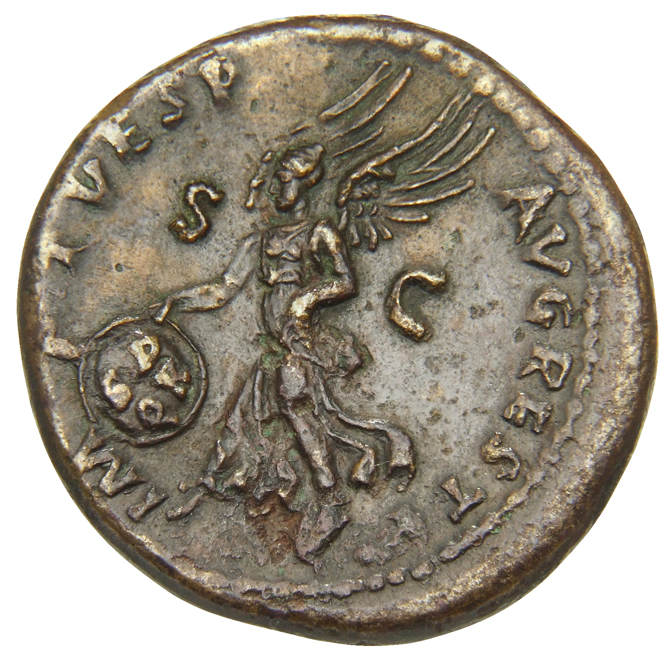 RIC II, Part 1 (second edition) Titus 448 Titus reverse, Victory, draped, advancing left, carrying in right hand shield in...