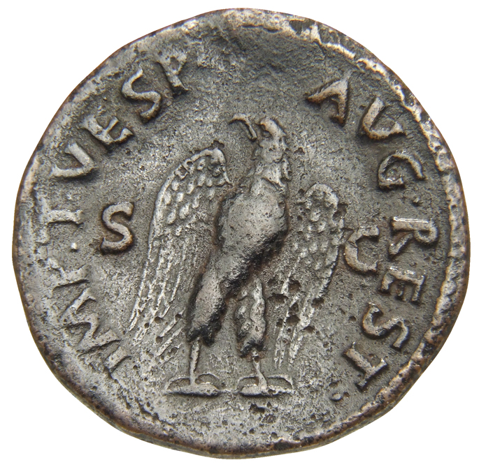 RIC II, Part 1 (second edition) Titus 469 Titus reverse, Eagle standing front on thunderbolt, head left, wings spread