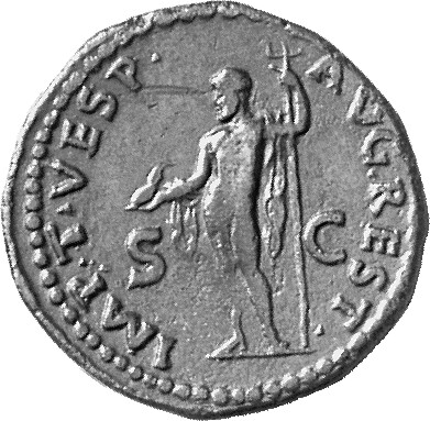 RIC II, Part 1 (second edition) Titus 470 Titus reverse, Neptune standing left, holding dolphin in right and trident in left