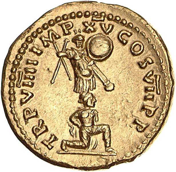 RIC II, Part 1 (second edition) Titus 48 Titus reverse, Male captive kneeling in front of trophy