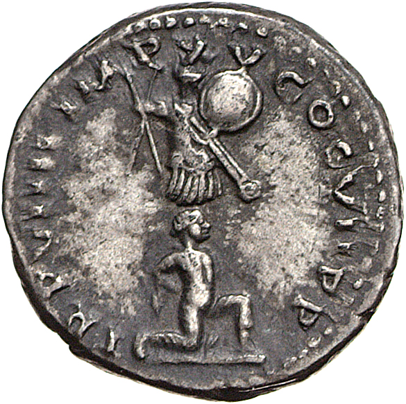 RIC II, Part 1 (second edition) Titus 49 Titus reverse, Male captive kneeling in front of trophy
