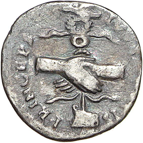 RIC II, Part 1 (second edition) Titus 96 Titus reverse, Clasped hands holding aquila on prow