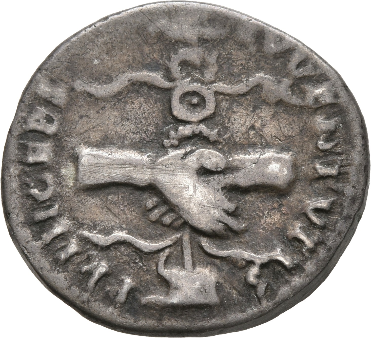 RIC II, Part 1 (second edition) Titus 96 Titus reverse, Clasped hands holding aquila on prow