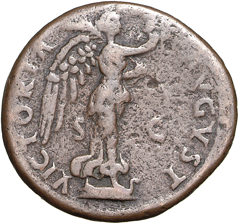 RIC II, Part 1 (second edition) Vespasian 1056 Vespasian reverse — Victory standing right on prow, holding wreath and palm