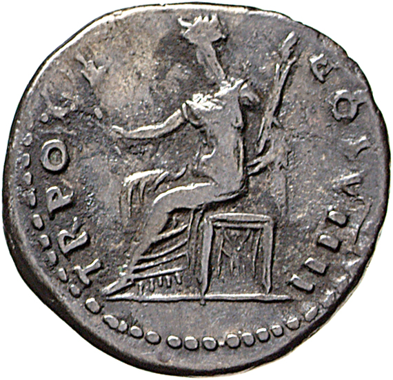 Vespasian reverse — Ceres, draped, seated left, holding corn-ears and poppy in right hand and torch upright in left