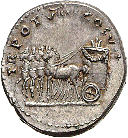 RIC II, Part 1 (second edition) Vespasian 1073 Vespasian reverse, Slow quadriga left, with basket-like car, in which are t...