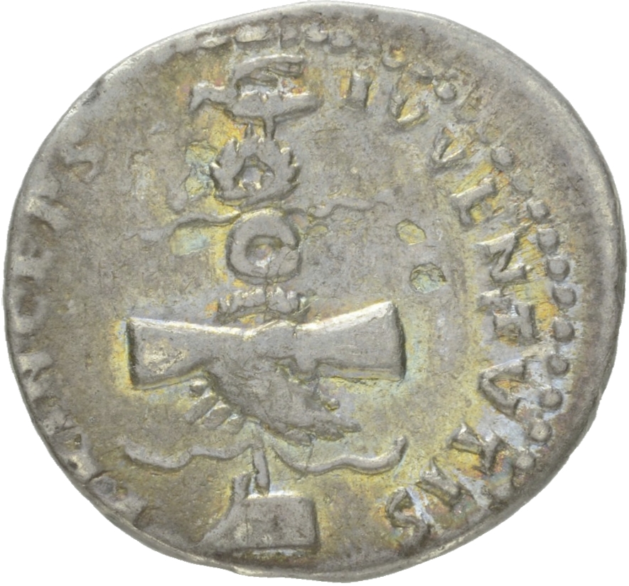 Vespasian reverse — Clasped hands holding aquila set in prow