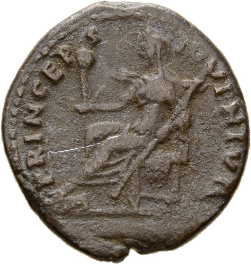 Vespasian reverse — Vesta, draped, hooded, seated left on throne, holding palladium in extended right hand and transverse sceptre in left