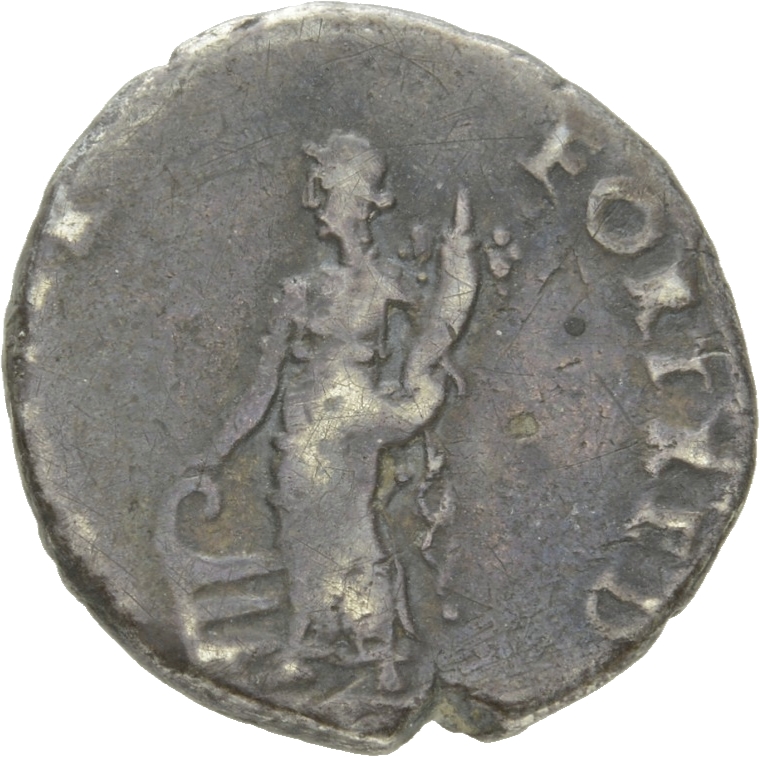 Vespasian reverse — Fortuna, draped, standing left, dropping right hand to touch prow set on ground, left, and holding cornucopiae in left hand