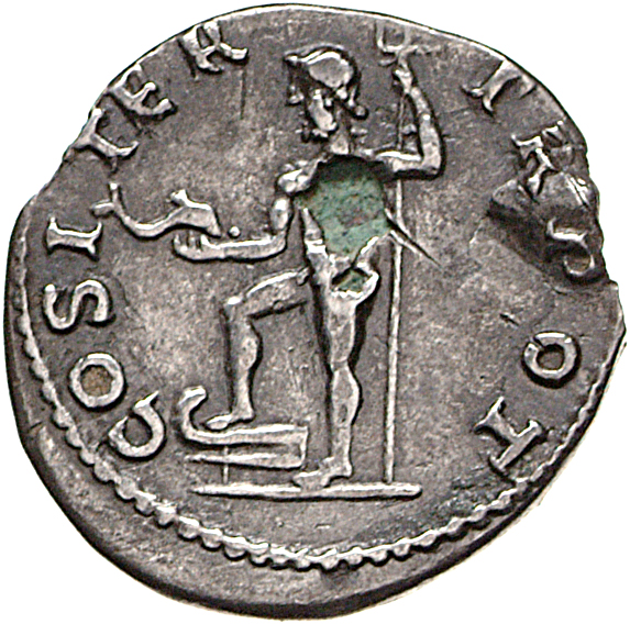 Vespasian reverse — Neptune standing left, resting foot on prow, holding dolphin