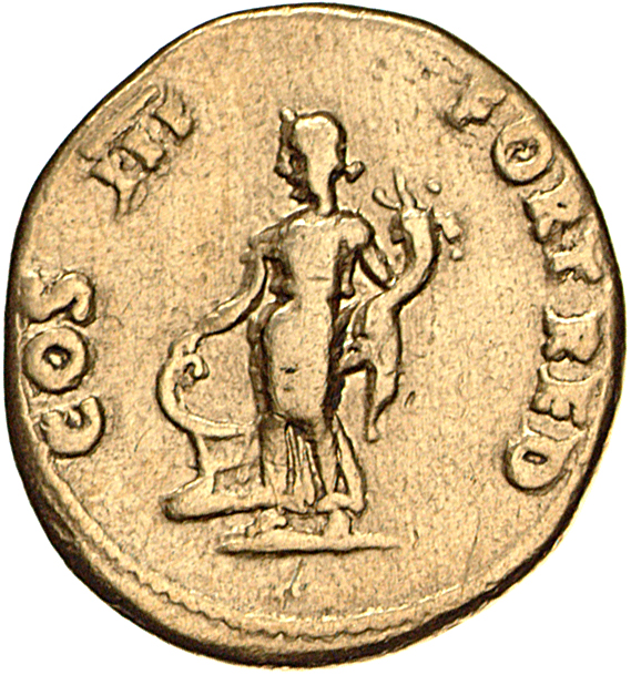 Vespasian reverse — Fortuna, draped, standing left, dropping right hand to touch prow set on ground, left, and holding cornucopiae in left hand
