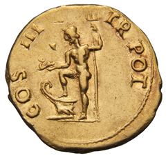 Vespasian reverse — Neptune standing left, resting foot on prow, holding dolphin