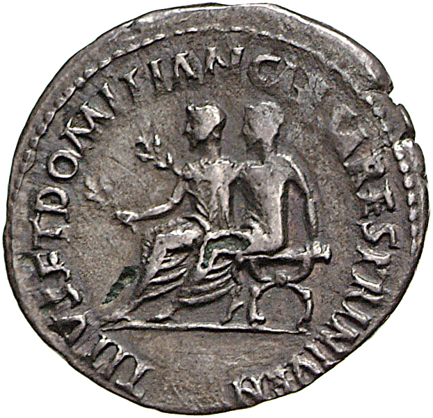 Vespasian reverse — Titus and Domitian, togate, seated left, side by side on curule chairs, each holding branch in right hand with left hand at sides