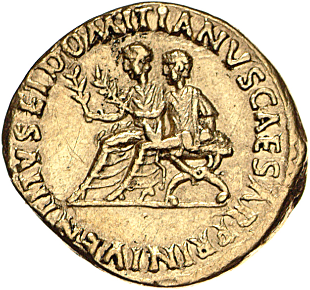 RIC II, Part 1 (second edition) Vespasian 1125 Vespasian reverse, Titus and Domitian, togate, seated left, side by side on...