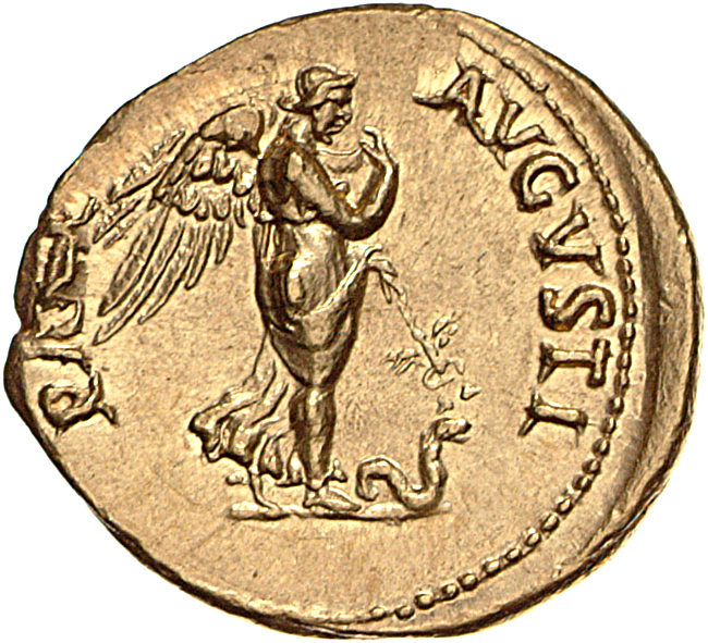 RIC II, Part 1 (second edition) Vespasian 1130 Vespasian reverse — Nemesis, winged, draped, advancing right, holding in le...