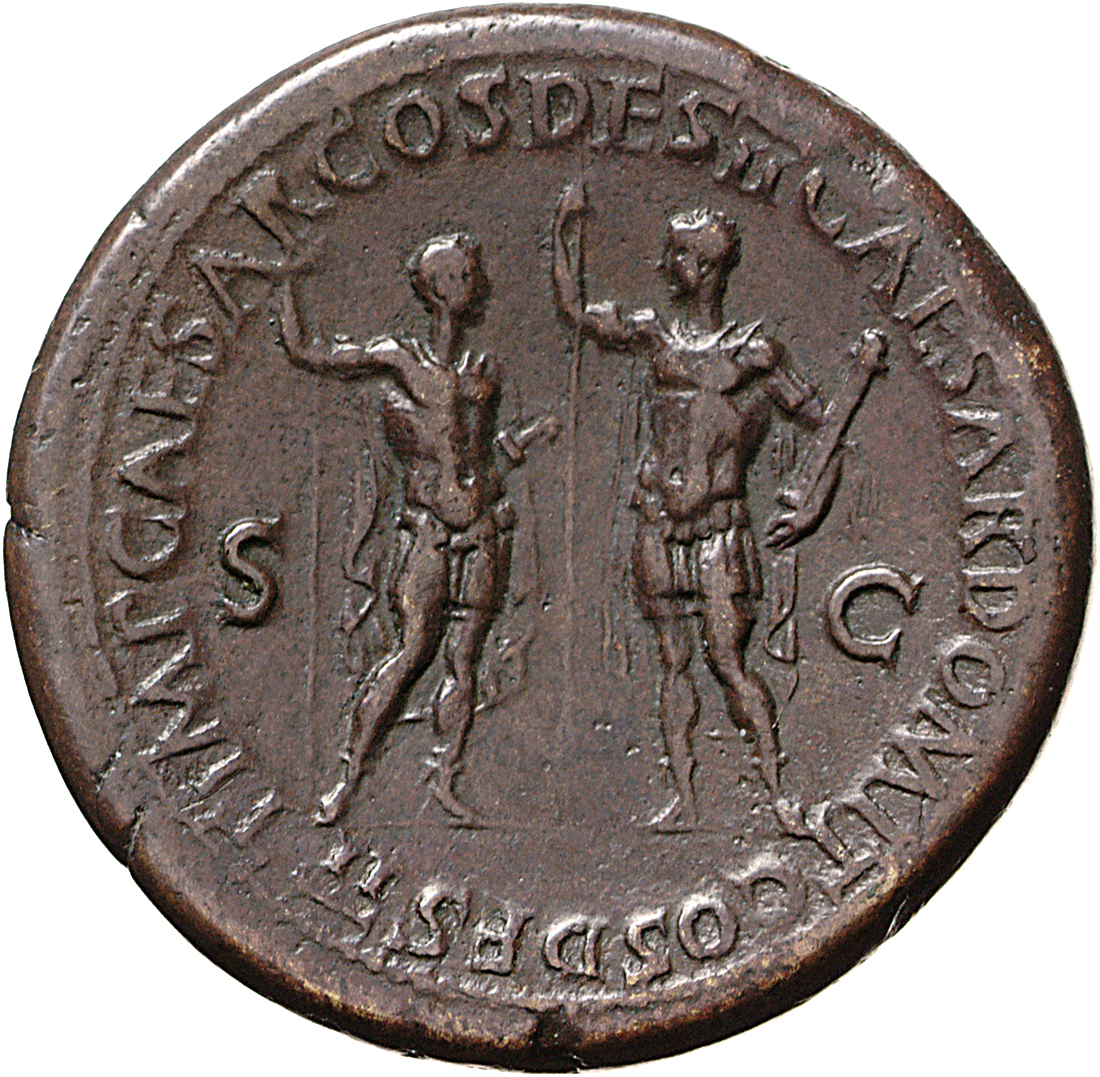 RIC II, Part 1 (second edition) Vespasian 1133 Vespasian reverse, Titus and Domitian standing front, both holding spear an...