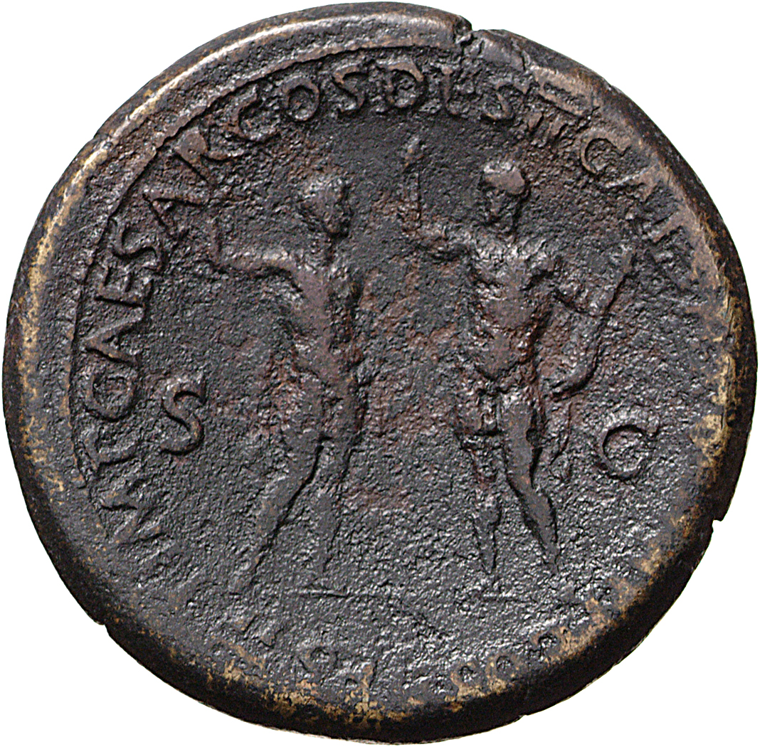 RIC II, Part 1 (second edition) Vespasian 1133 Vespasian reverse — Titus and Domitian standing front, both holding spear a...