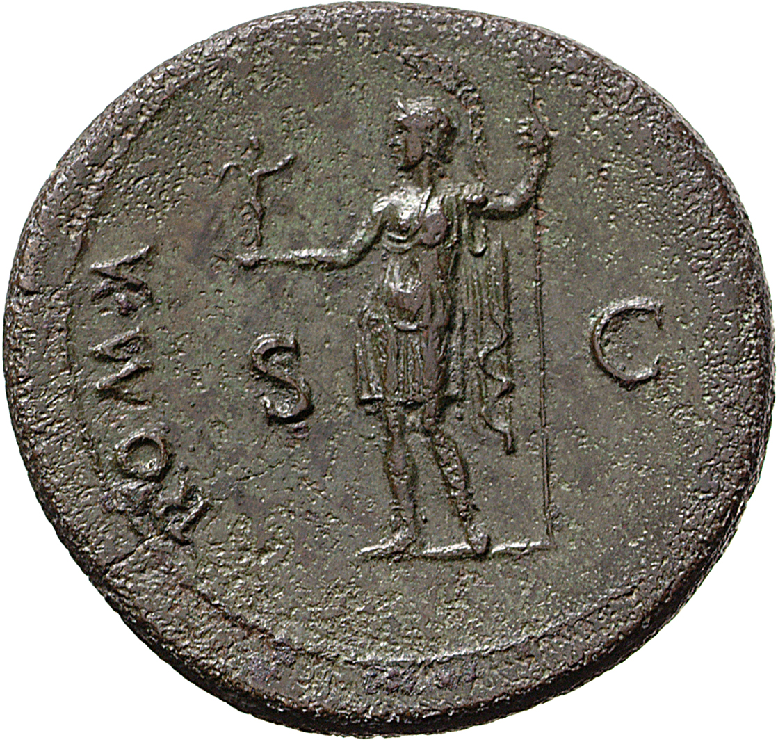 RIC II, Part 1 (second edition) Vespasian 1136 Vespasian reverse, Roma, helmeted, in military dress, standing left, holdin...