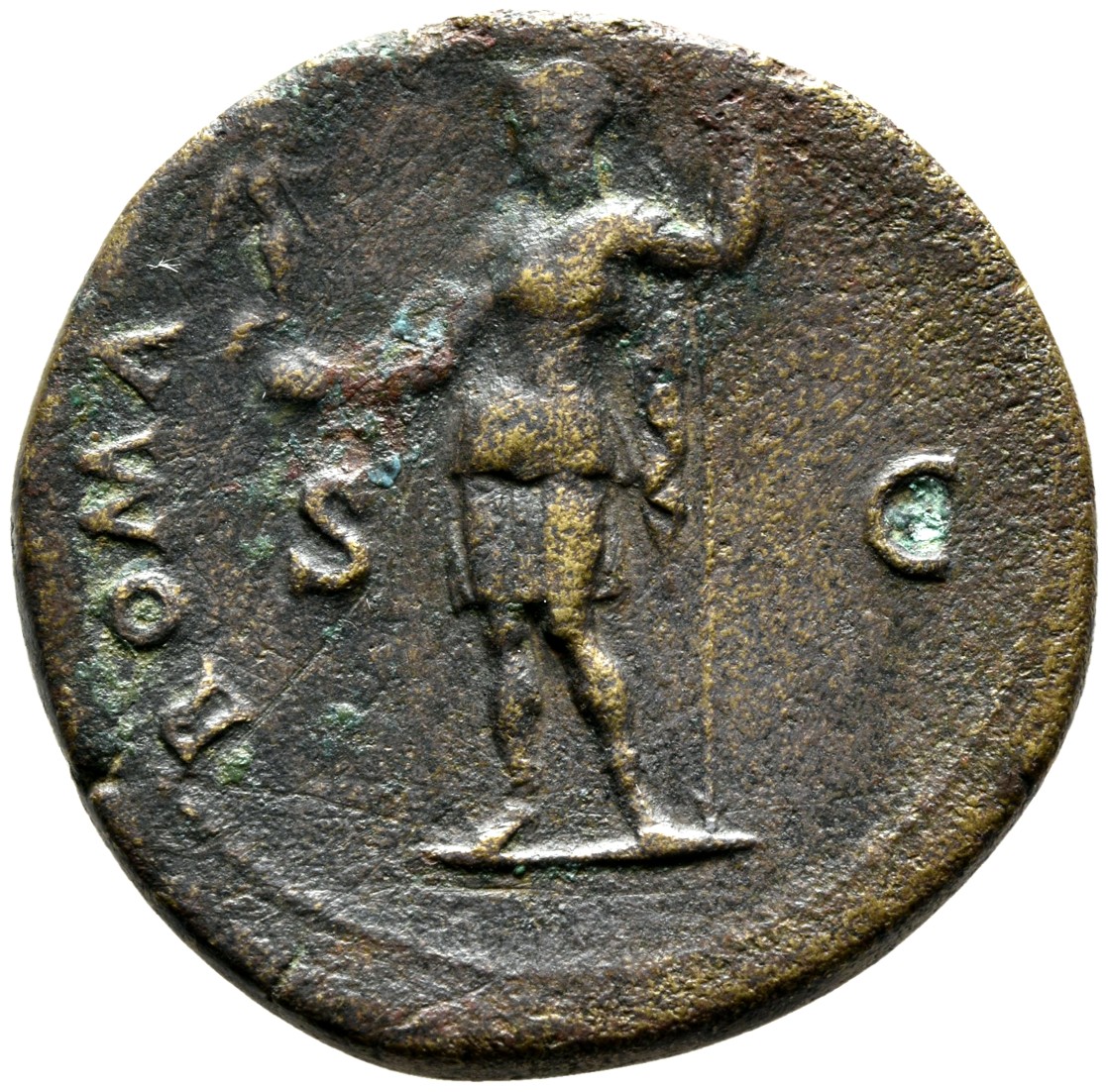RIC II, Part 1 (second edition) Vespasian 1136 Vespasian reverse — Roma, helmeted, in military dress, standing left, holdi...
