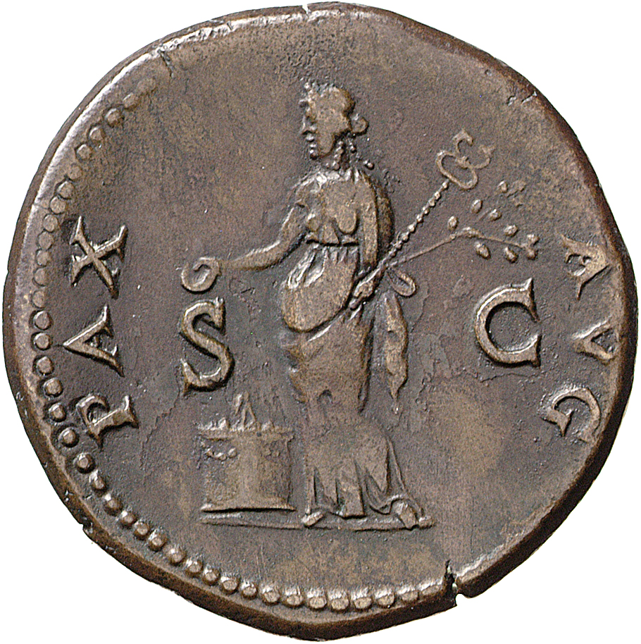 RIC II, Part 1 (second edition) Vespasian 1142 Vespasian reverse, Pax, draped, standing left, sacrificing out of patera in...