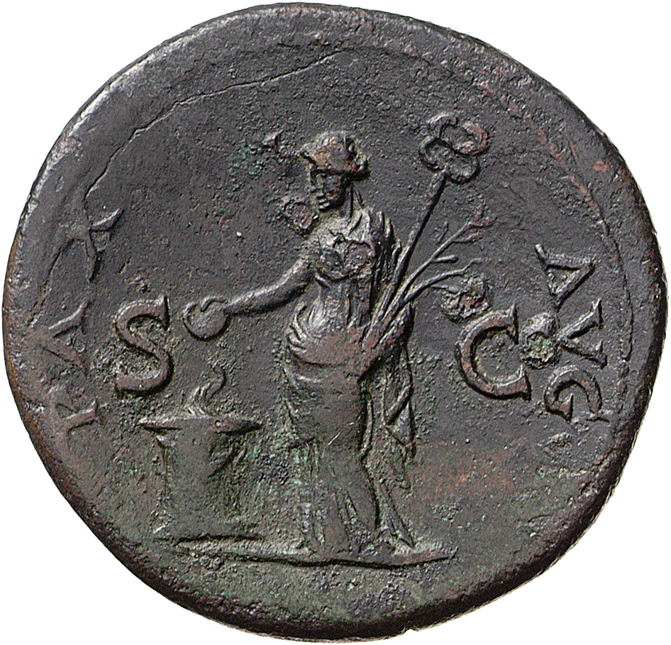 RIC II, Part 1 (second edition) Vespasian 1143 Vespasian reverse, Pax, draped, standing left, sacrificing out of patera in...