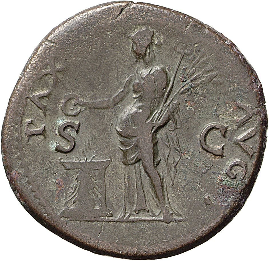 RIC II, Part 1 (second edition) Vespasian 1143 Vespasian reverse — Pax, draped, standing left, sacrificing out of patera i...