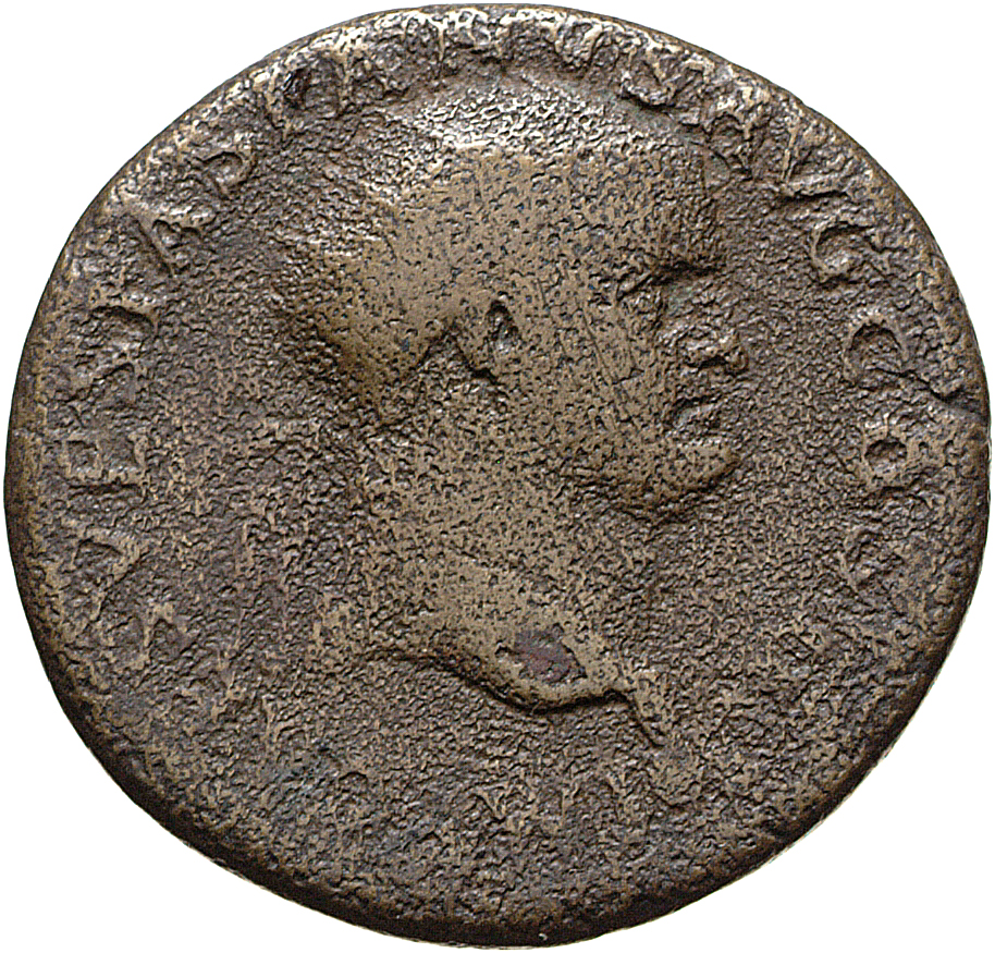 Vespasian obverse — Head of Vespasian, radiate, right; globe at point of neck