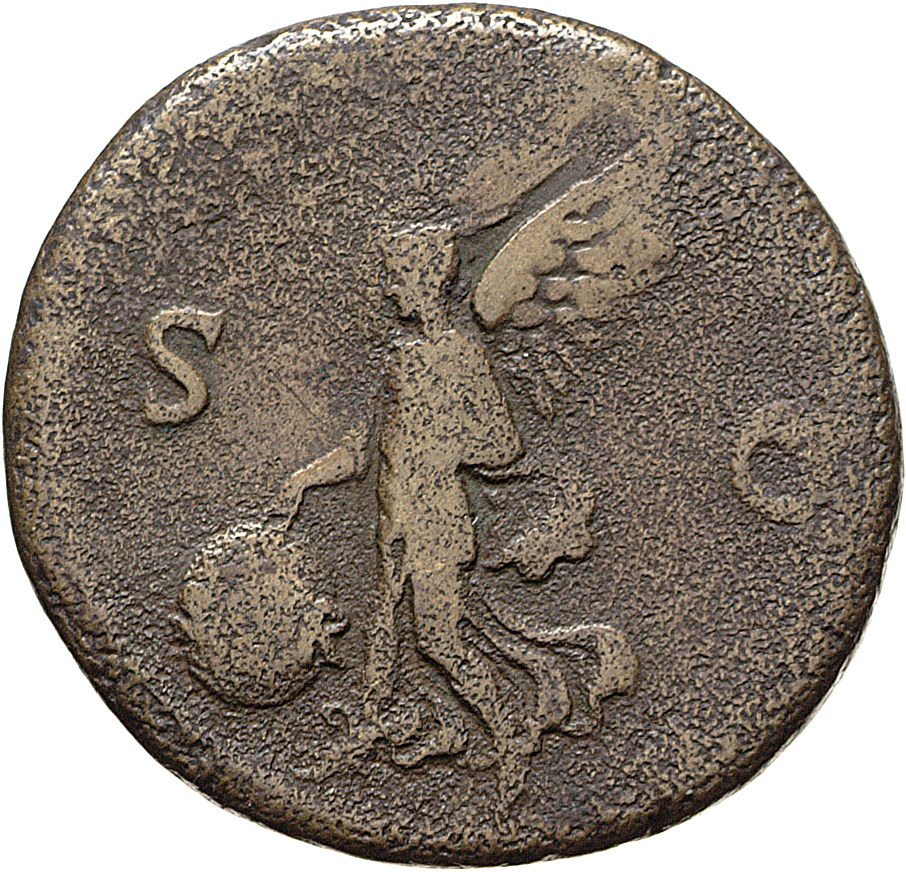 Vespasian reverse — Victory, draped, advancing left, holding shield inscribed S P Q R in right hand