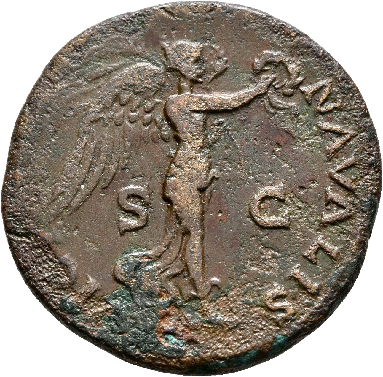 RIC II, Part 1 (second edition) Vespasian 1159 Vespasian reverse, Victory standing right on prow, holding wreath and palm