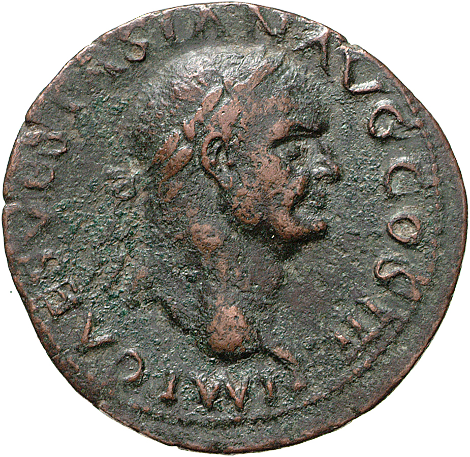 Vespasian obverse — Head of Vespasian, laureate, right; globe at point of neck