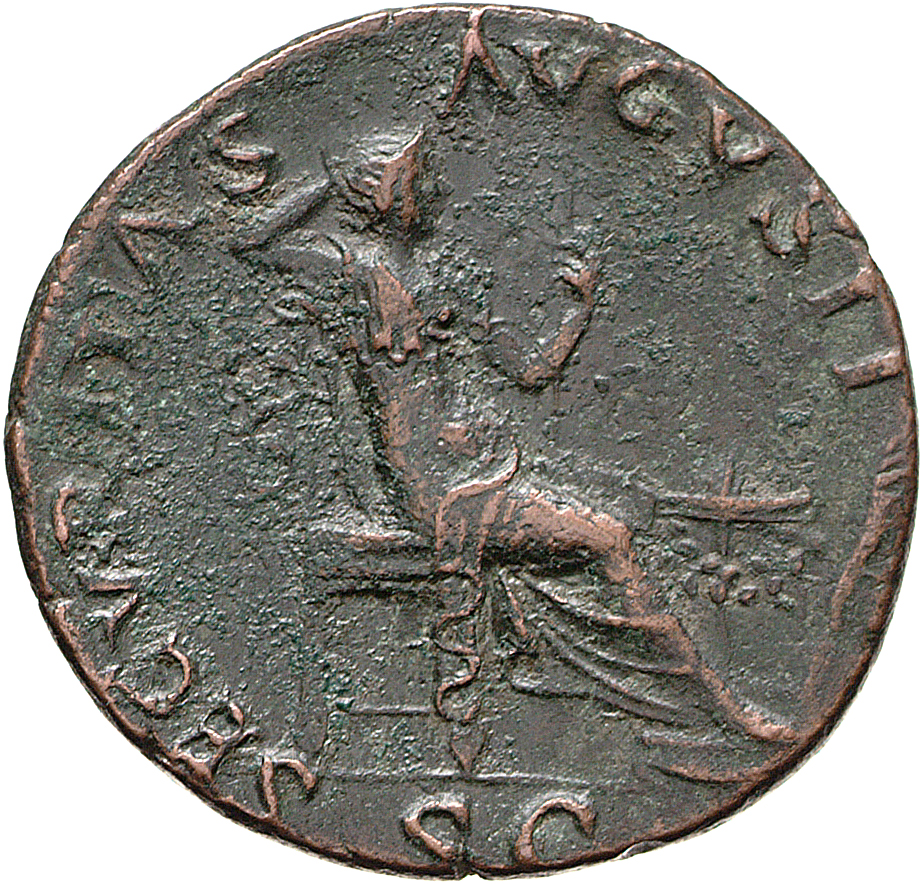 Vespasian reverse — Securitas, draped, seated right, resting head on right hand and holding sceptre in left