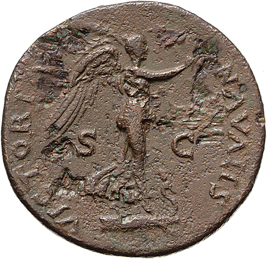 RIC II, Part 1 (second edition) Vespasian 1178 Vespasian reverse, Victory standing right on prow, holding wreath and palm