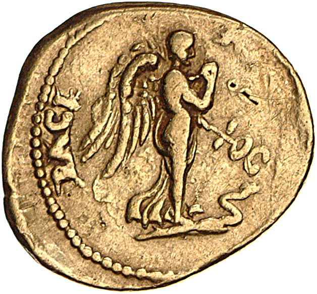 Vespasian reverse — Nemesis, winged, draped, advancing right, holding in left hand winged caduceus pointed downwards at snake gliding right before her right
