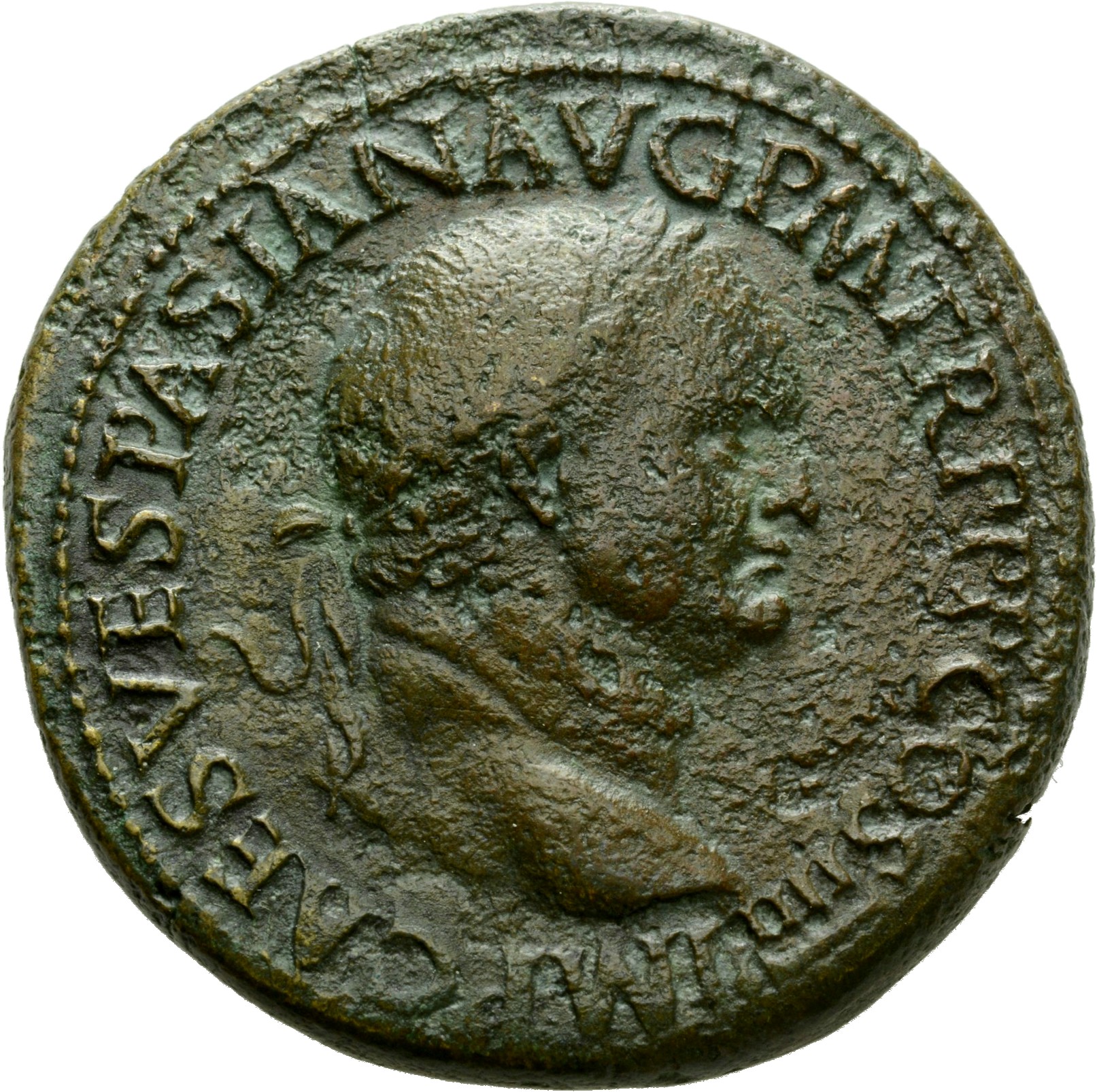 Vespasian obverse — Head of Vespasian, laureate, right; globe at point of neck