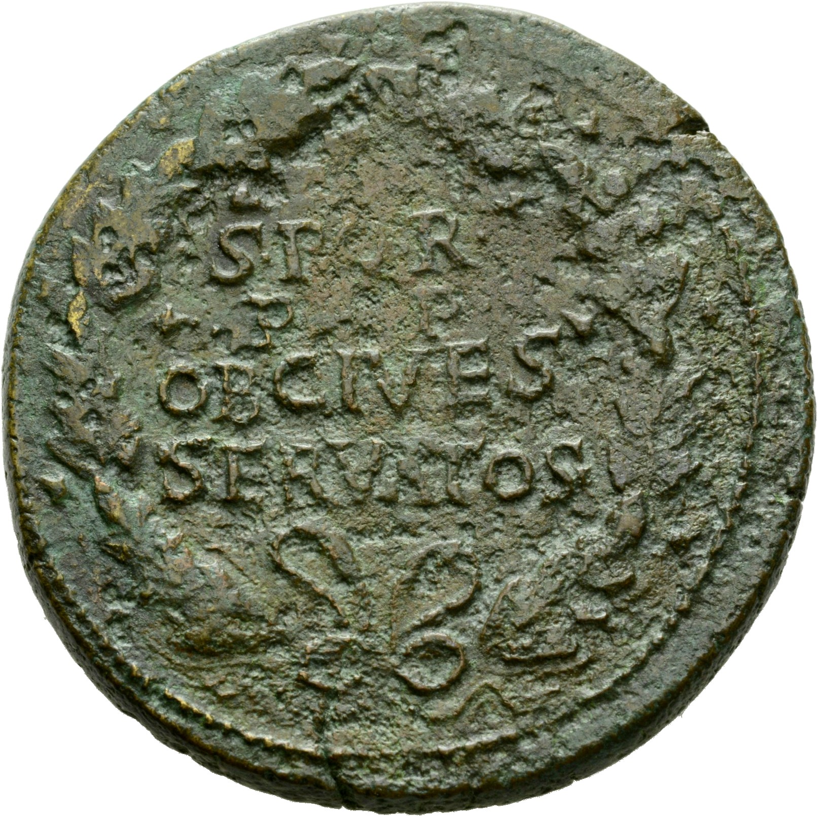 Vespasian reverse — Legend in four lines in oak-wreath
