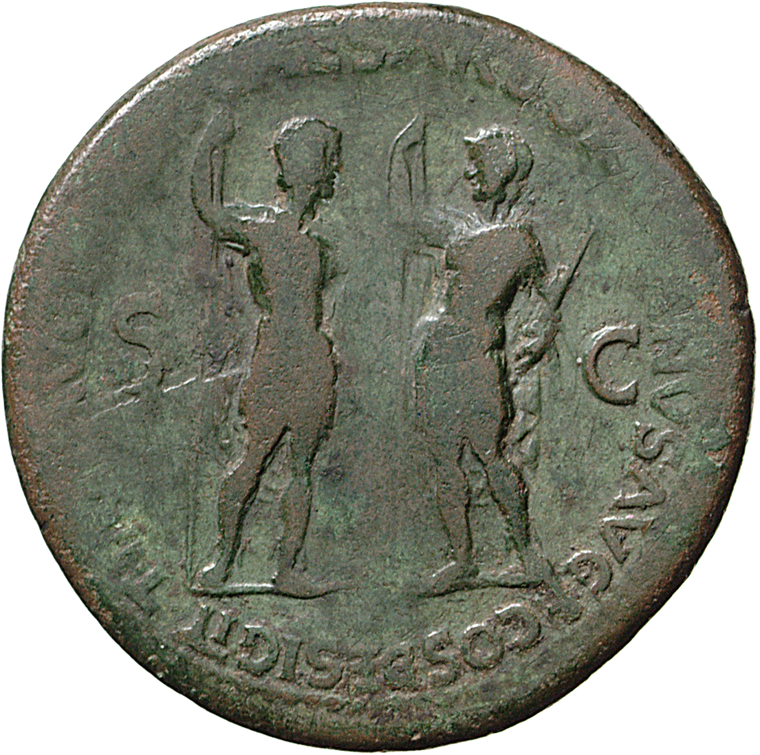 RIC II, Part 1 (second edition) Vespasian 1186 Vespasian reverse, Titus and Domitian standing front, both holding spear an...