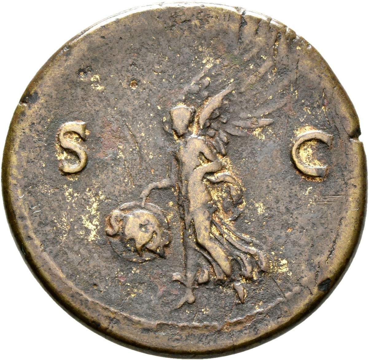 RIC II, Part 1 (second edition) Vespasian 1196 Vespasian reverse, Victory, draped, advancing left, holding shield inscribe...