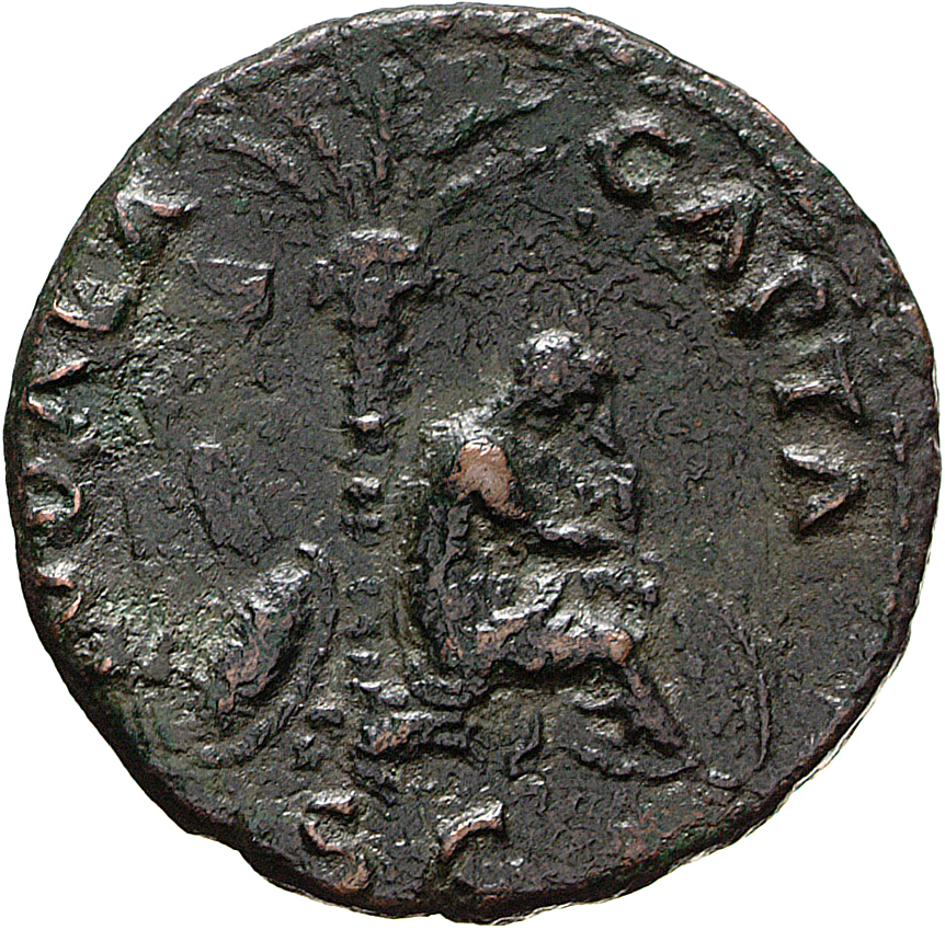 RIC II, Part 1 (second edition) Vespasian 1233 Vespasian reverse, Judaea seated right under palm-tree, in attitude of mour...