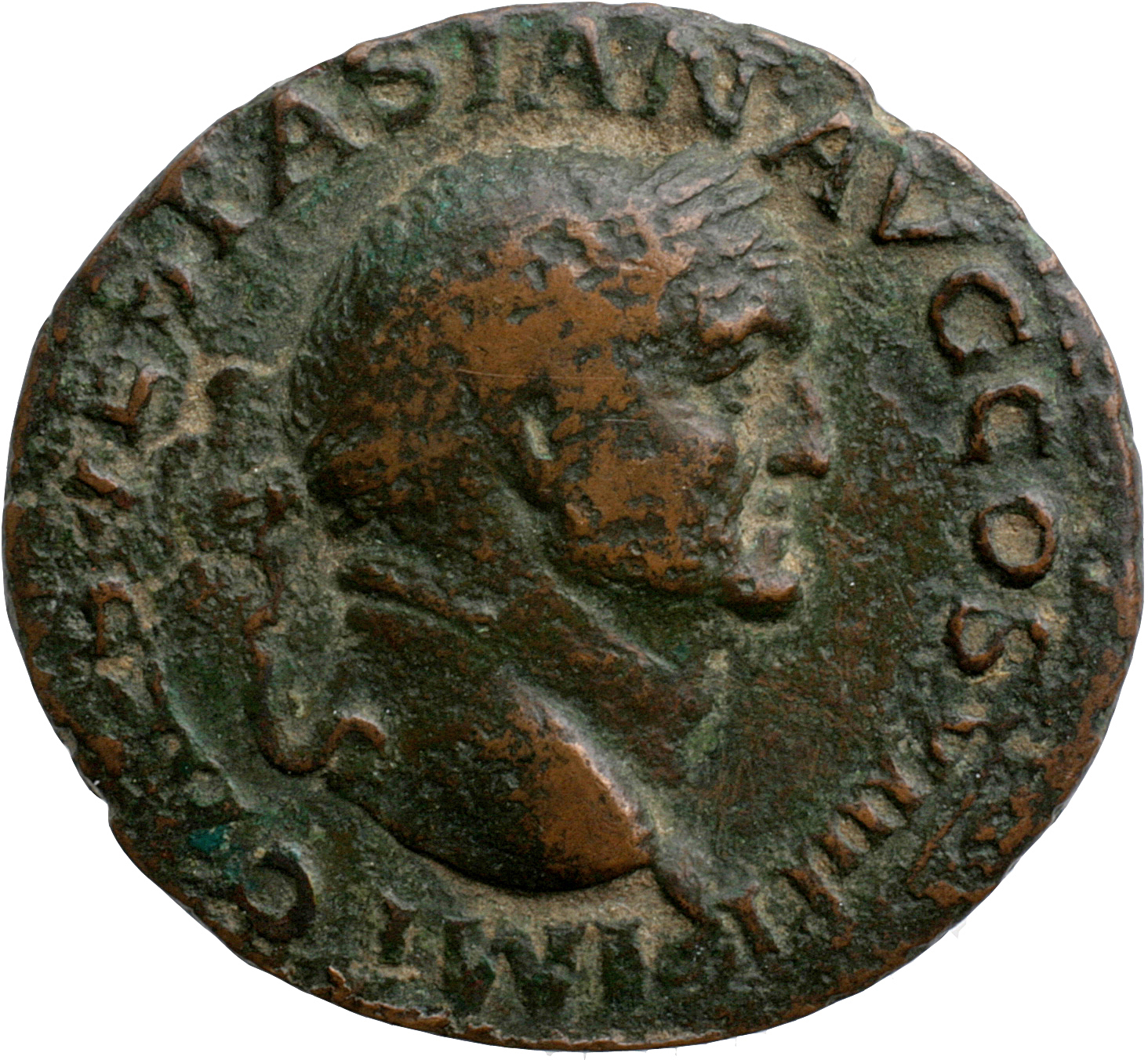 Vespasian obverse — Head of Vespasian, laureate, right; globe at point of neck
