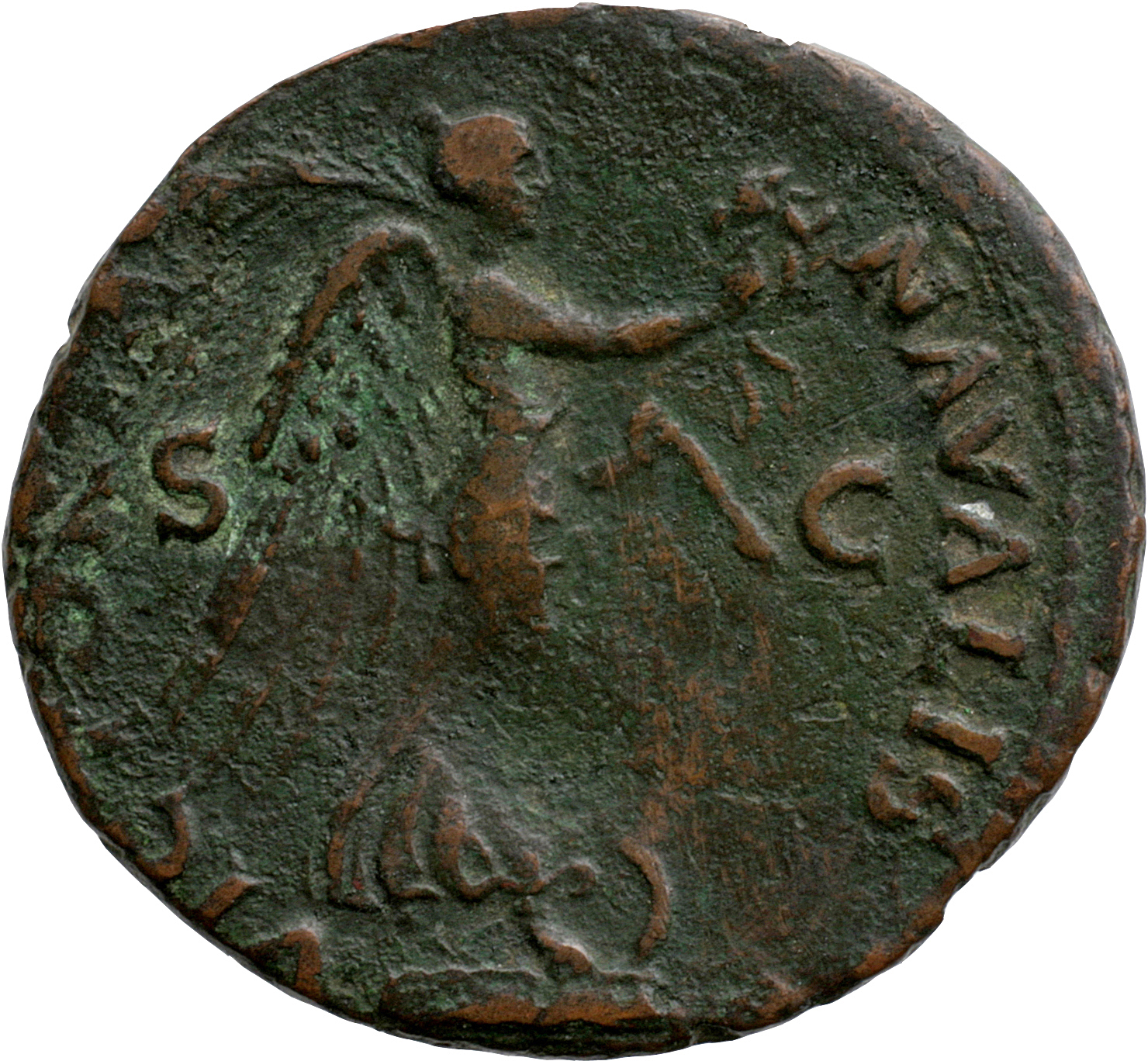 Vespasian reverse — Victory standing right on prow, holding wreath and palm