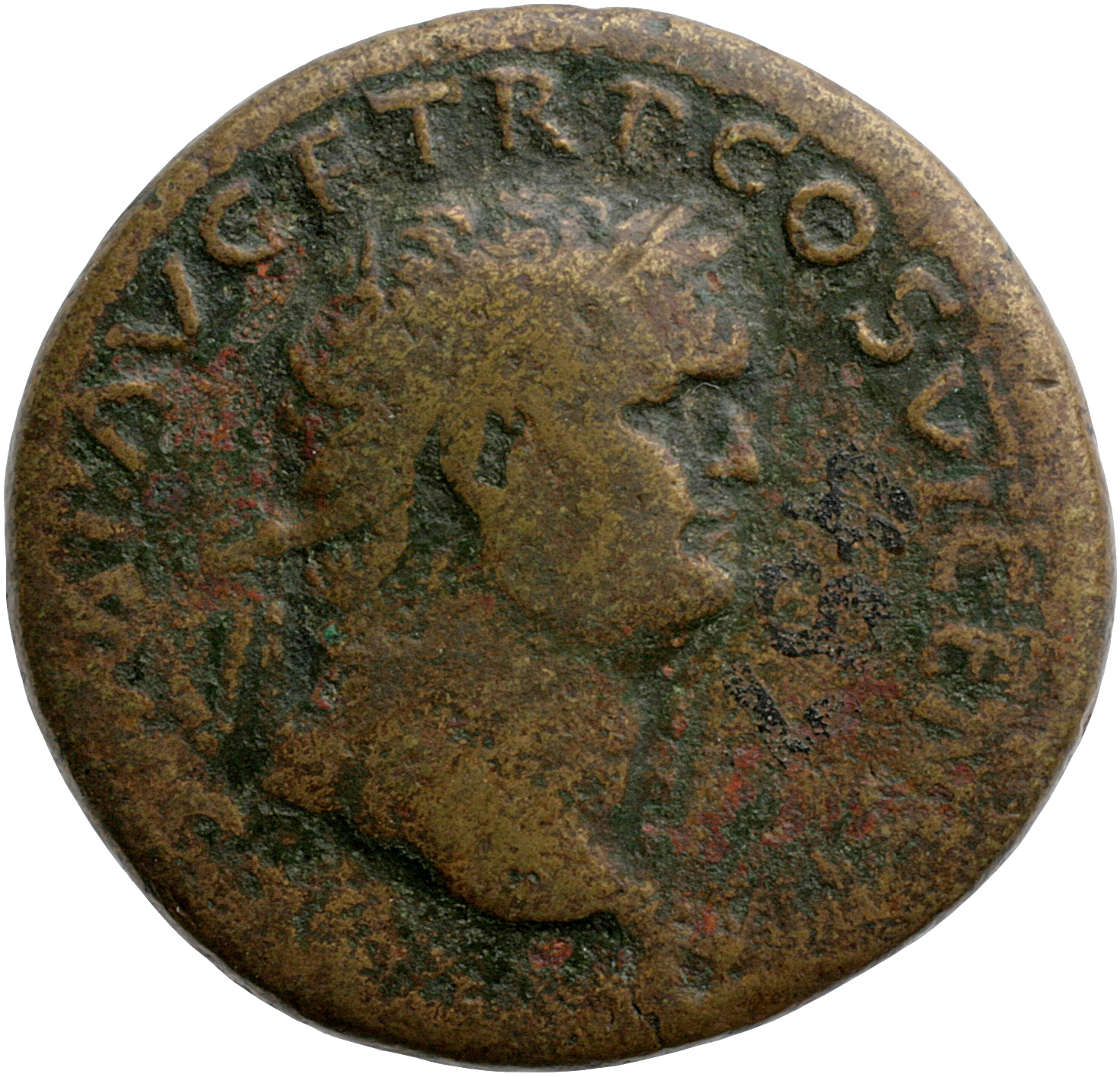 Vespasian obverse — Head of Titus, radiate, right; globe at point of neck