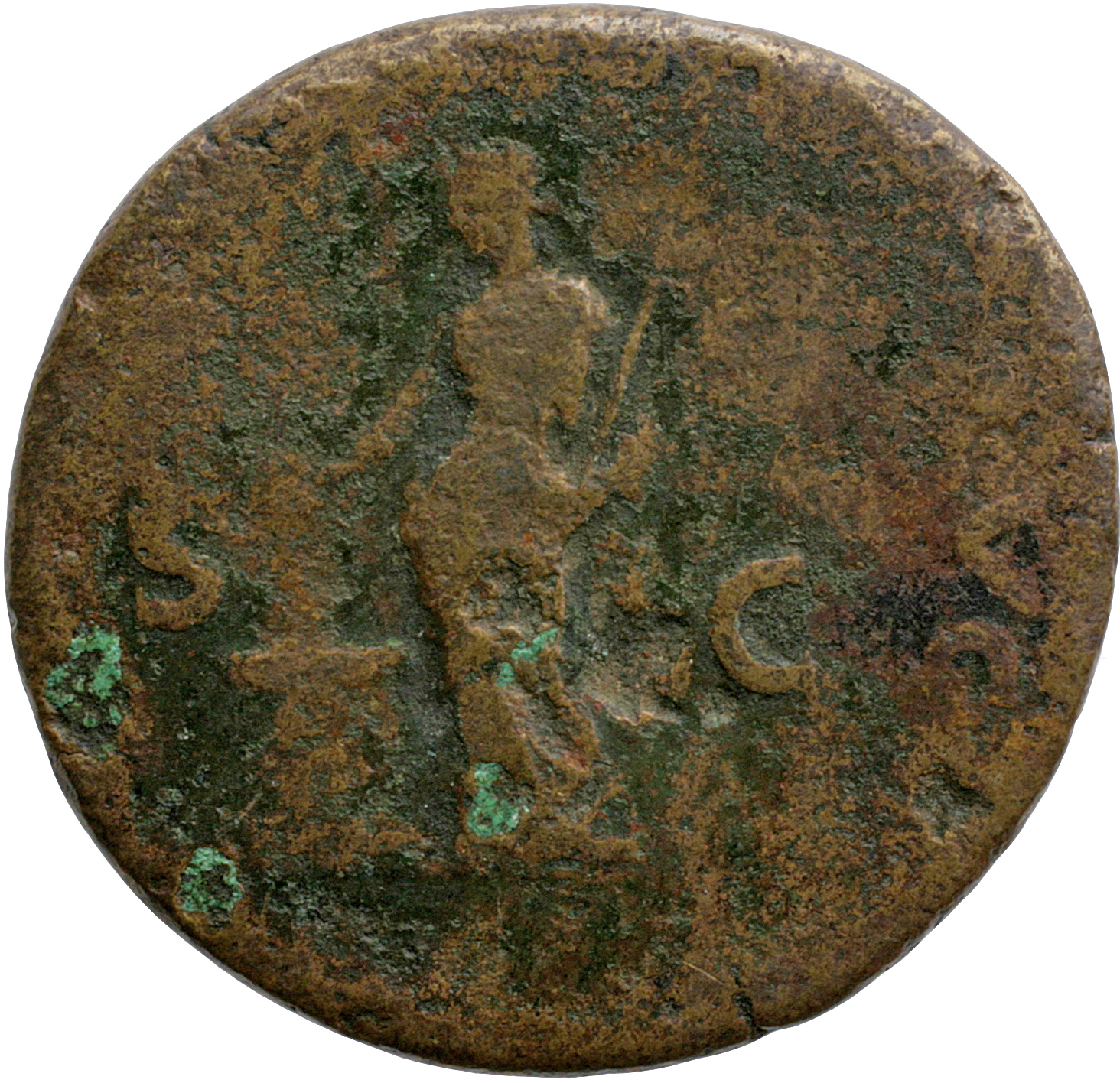 Vespasian reverse — Pax, draped, standing left, sacrificing out of patera in right hand over lighted, garlanded altar left, and holding winged caduceus and branch in left