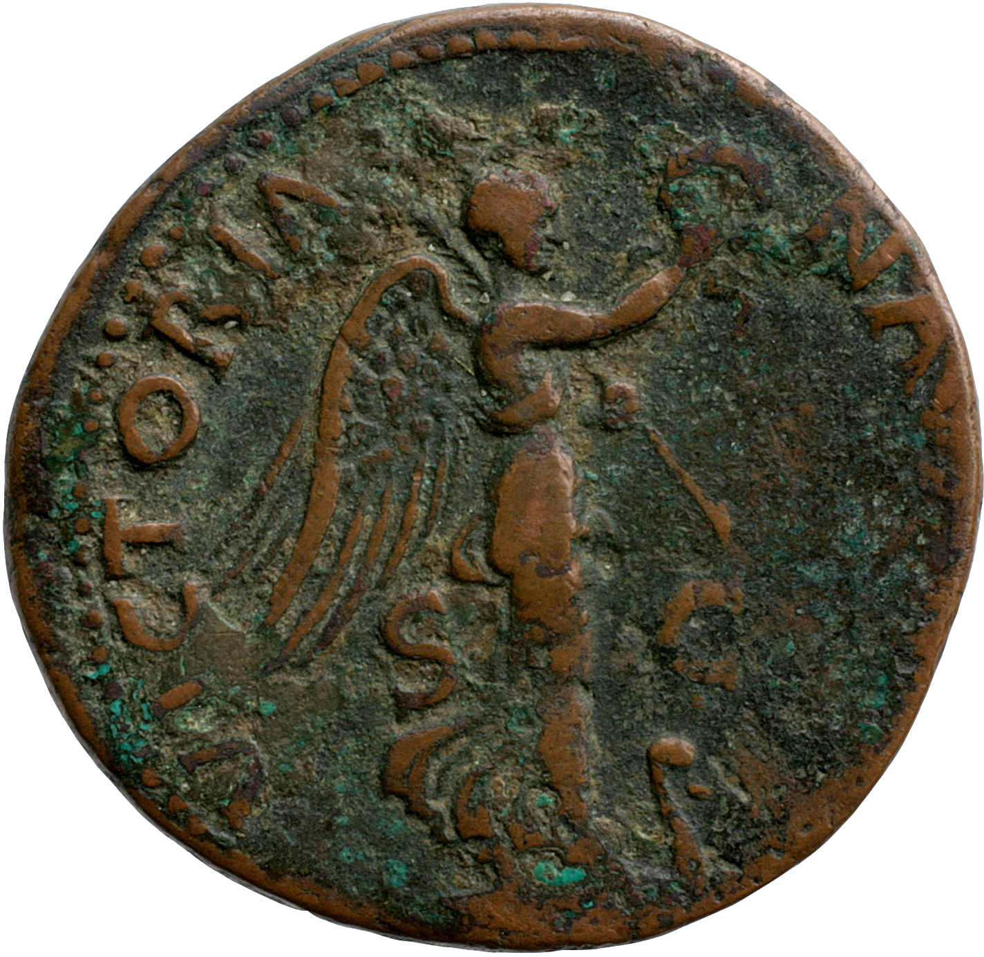 Vespasian reverse — Victory standing right on prow, holding wreath and palm